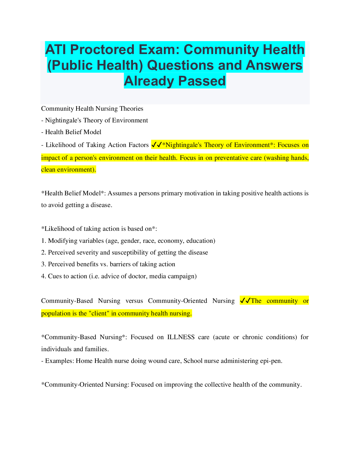 ATI Proctored Exam Community Health (Public Health) Questions and